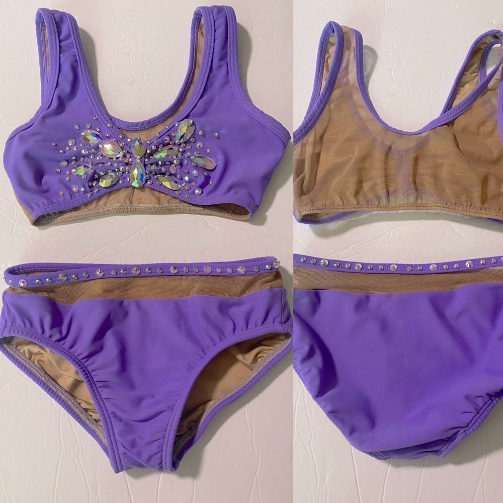 AA dance design custom solo costume purple rhinestone 2 piece set illusion LC